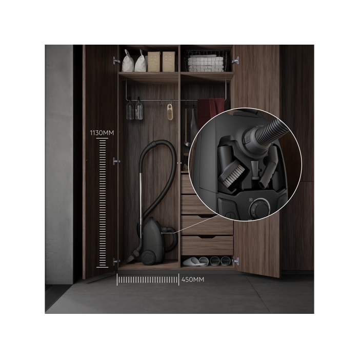 COMPACT DESIGN FOR EASY STORAGE Convenient size to fit into any home, and the accessories are stored on-board for easy access