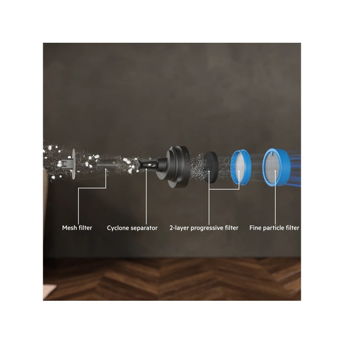 Cordless cleaner with 5-stage filtration system.