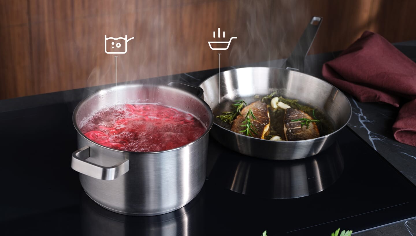 Храната се приготвя на индукционен плот с функцията SenseBoil и Fry.