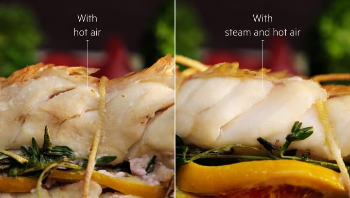 Лявата страна на изображението показва готвене само с горещ въздух, а дясната страна на изображението показва готвене с горещ въздух и пара.